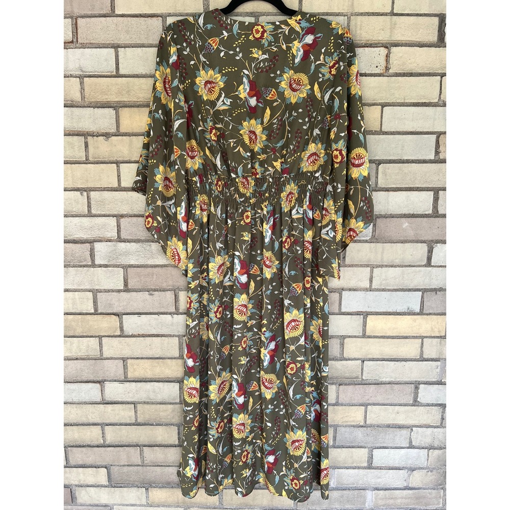 Belle Boho by Kim Gravel Olive Green Floral Smocked Midi Dress Size Small Petite - Picture 5 of 5